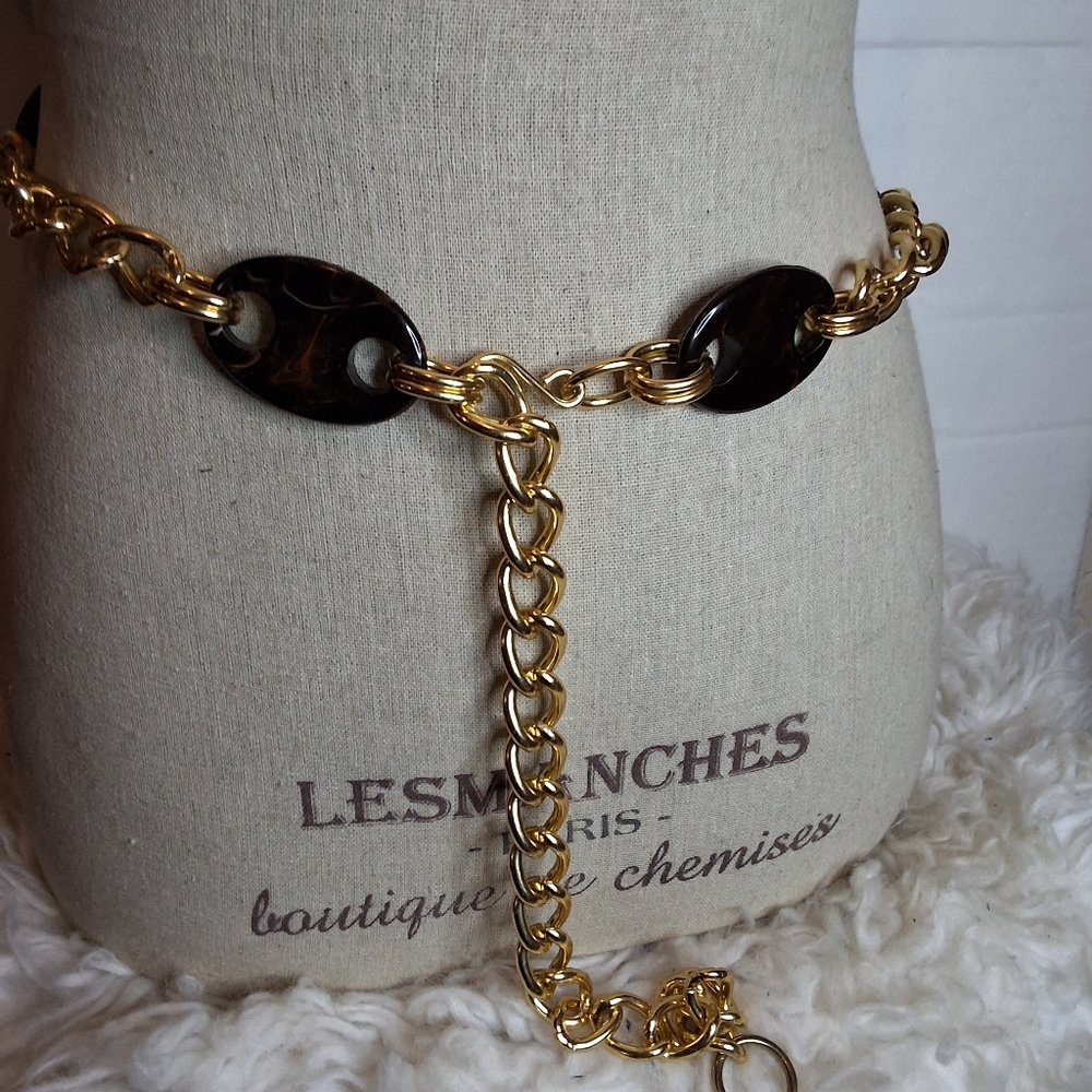 Glitzy Retro Faux Tortoise Shell Golden Chain Belt M